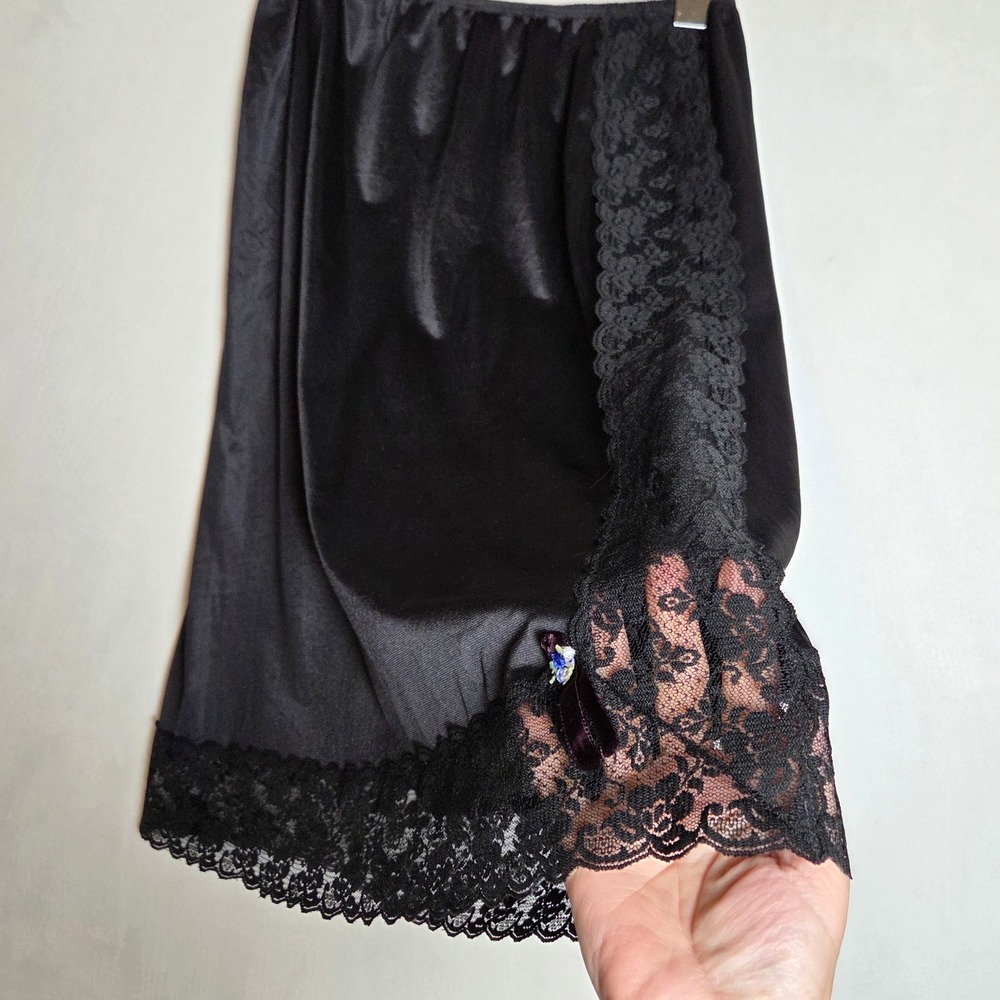 Vintage Black Lace Trim Half Slip Large Lace Side Slit Coquette Gothic Romantic